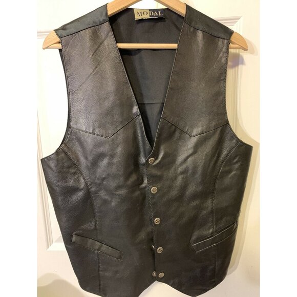 Modal Vtg Black Leather front vest Western Biker Oklahoma State buttons XL - Picture 3 of 6